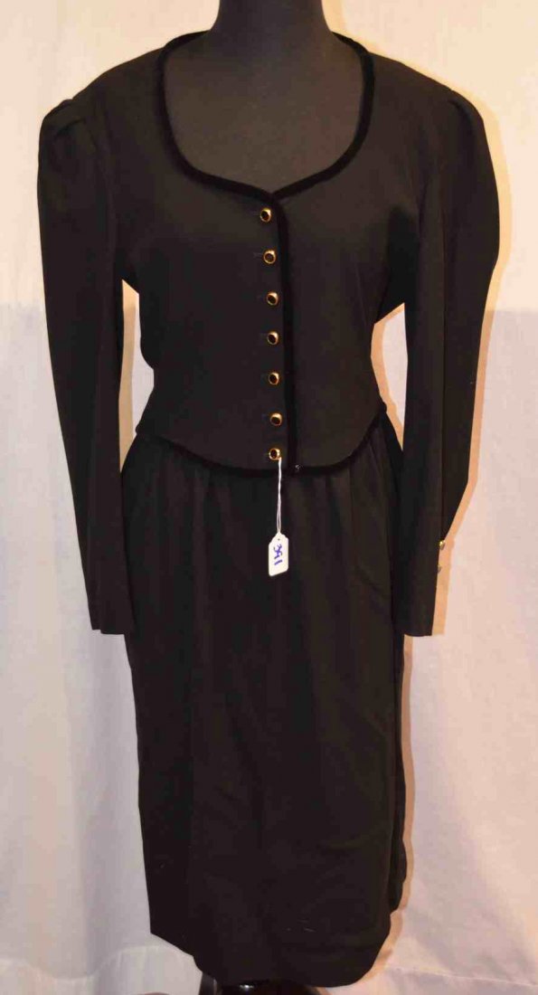 Escada Dress by Margaretha Ley: Size 38. 100% new wool dress. With velvet trim. Seven buttons at front and at wrist of each sleeve. NOTE: All clothing & accessories are in "as found in the closet" condition.