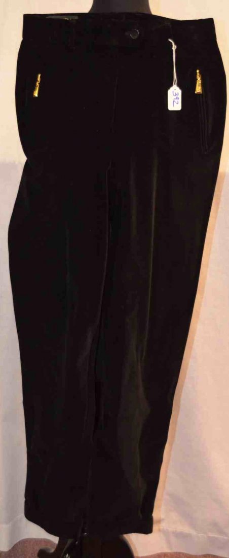 Escada Pants by Margaretha Ley: Size 40. 87% Cotton, 10% rayon, 3% elasthan. Slacks with two gold zippers. NOTE: All clothing & accessories are in "as found in the closet" condition.