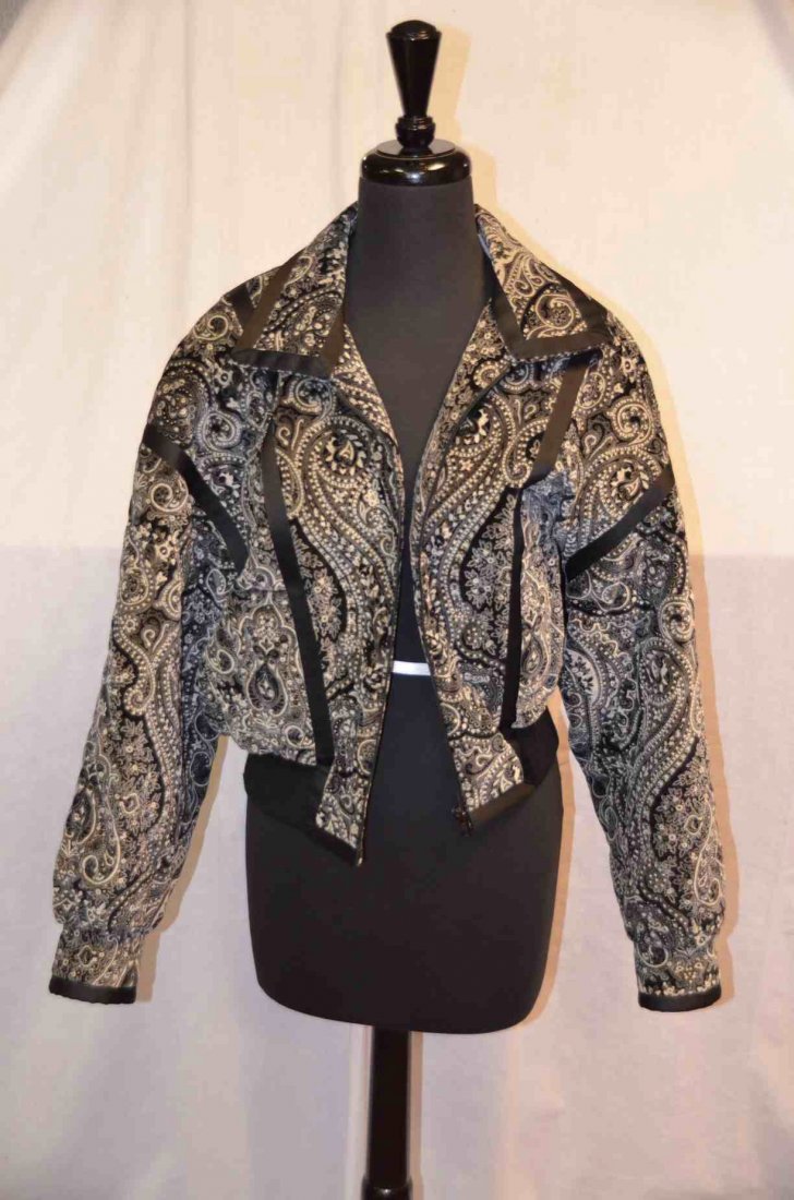 Escada by Margaretha Ley Jacket: Size 38. 100% Cotton, 100% silk trim. Black and white paisley jacket. NOTE: All clothing & accessories are in "as found in the closet" condition.