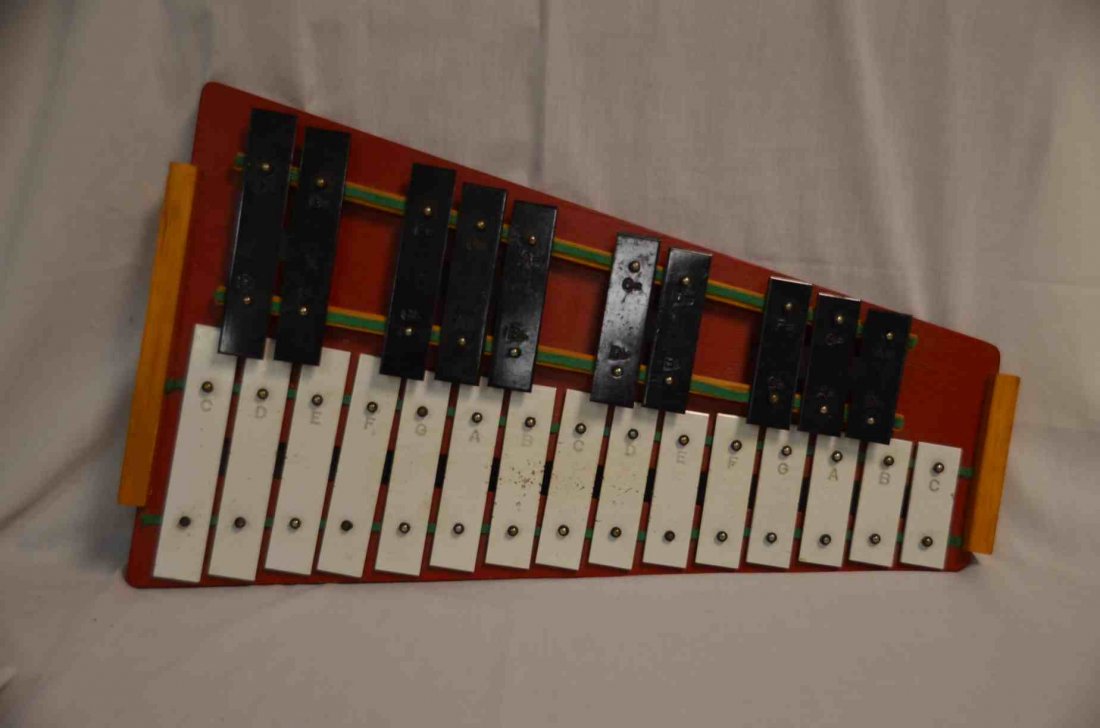 Child's Xylophone: Child's Rhythm Band imported xylophone, 2 octaves, chromatic scale, 25 notes. White and black bars with note names. Excellent sound. Manufactured by Rhythm Band Incorporated, Korea Division, Seoul, Ko