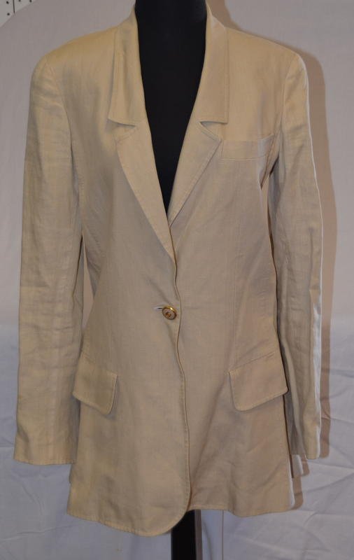 Vintage Chanel Tan Linen Blazer: With original fabric sample label that reads: Style: 1569 (?); Size: 38; Color: SI 215; Fabric: VO 2281: 100% Linen with Silk lining. Chanel Boutique, Made in France. Single Chanel logo button closure