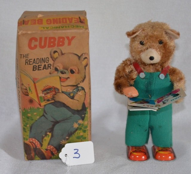 Cubby the Reading Bear Mechanical Tin Toy: With "Baby Book". Made in Japan. 7" high