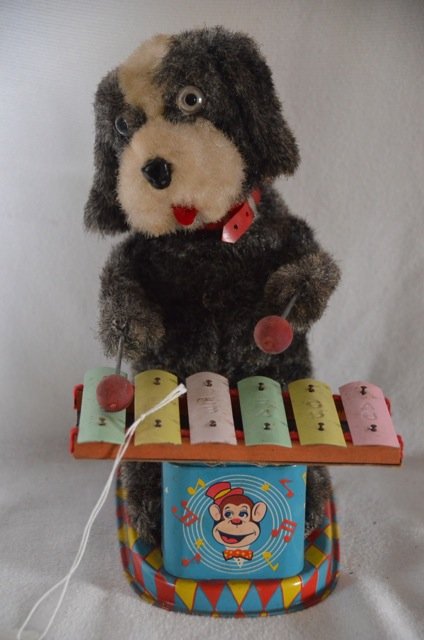 Battery Operated Alps Tin Toy Dog with Xylophone: Marked Trademark, Alps, Made in Japan. No Box. 9" high