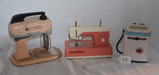 3 Vintage Children's Household Toys: Tin Mixee Mixer Toy, pink child's battery operated toy mixer; LIttle Queen, child's sewing machine, Crystal Sewing Machine Ind. Co. Ltd., Made in Japan; a child's automatic washer, wind up but missing