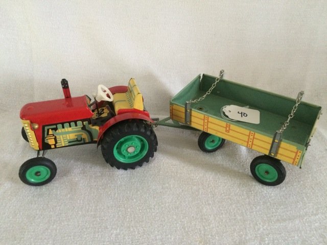Kovap Tin Toy Tractor and Cart: Czech wind up tin toy. Total length with cart attached is 13-1/2"