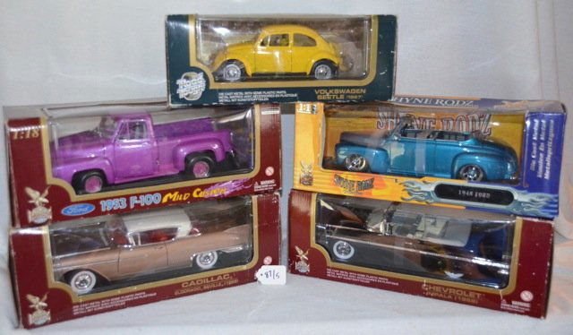Lot of 5 Die Cast Metal Sportscars 1:18: Road Legends - 1958 Cadillac Eldorado Seville; 1953 F100 Mild Custom; and a 1959 Chevy Impala. Road Signature - Shyne Rodz Collection 1948 Ford; Road Tough - 1967 Volkswagen Beetle. In original but so