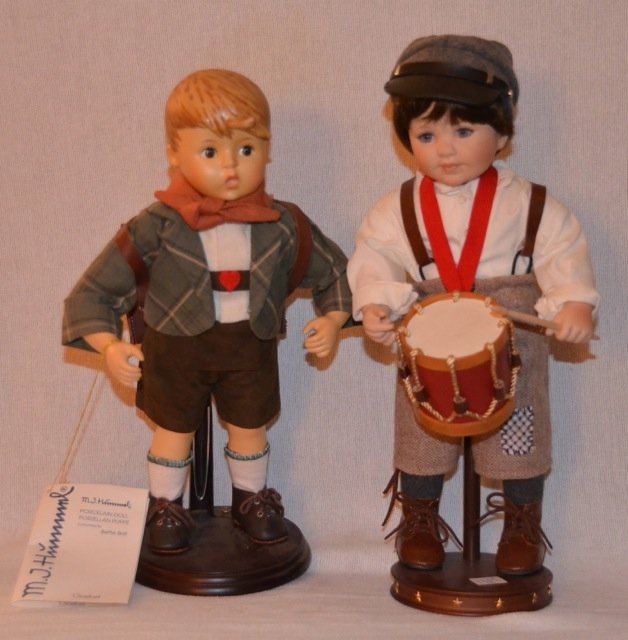 Two MI Hummel Goebel 15" Dolls: One with original tag. School Boy and a Drummer. Costumed by Bette Ball. 14-1/2" high