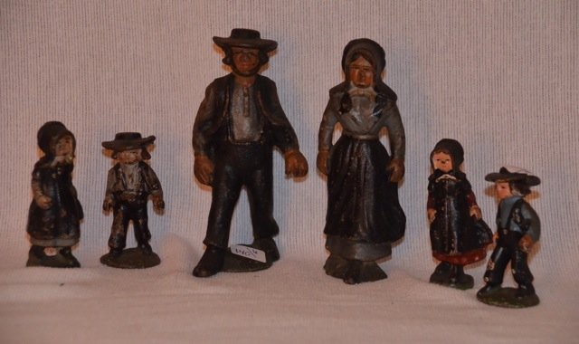 Lot of 6 Cast Iron Amish Figures: Original paint, with some paint loss. 5" high; 2-3/4" high