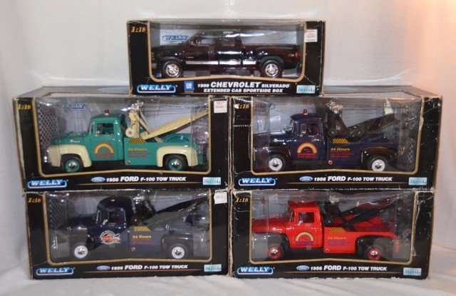 5 Welly Collectible Die Cast Trucks 1/18th Scale: 1956 Ford F-100 Tow Truck (4); 1999 Chevy Silverado, Extended Cab Sportside Box;