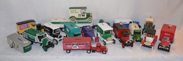 Lot of Collectible Vehicle Banks - Mostly Ertl: Including Ertl, Chicago Bulls; Ertl, Coca-Cola; Crushman Motor Scooter; Ertl, Budweiser Horse Trailer; Ertl, IGA; Ertl, Publix; Ertl, Fords First Delivery Car Publix; Ertl, Heilig-Meyers; Ertl, Radio 