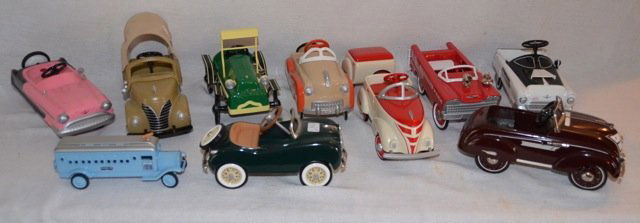 Lot of Hallmark Kiddie Car Classics: 10 cars including 1964 Tin Lizzie; 1955 Royal Deluxe; 1956 Kidillac; 1937 Airflow; 1949 Gillham Sport; 1956 Dragnet Police Car; 1962 Super Deluxe Fire Truck; 1940 Custom Pioneer with Trailer; 1932 Key