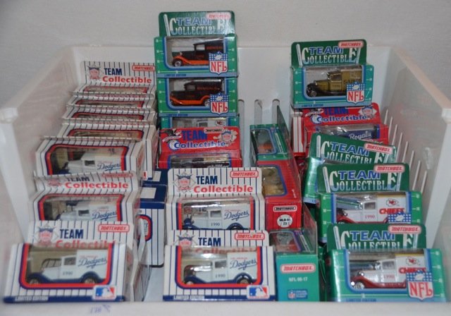 Matchbox Team Collectible Cars: Oakland A's, 1991 (5); Kansas City Chiefs,1990 (6); Detroit Tigers, 1990; Pittsburgh Pirates, 1991; LA Dodgers (27); Cincinati Bengals, 190 (2); Philidelphia Phillies, 1991; Kansas City Royals 1990 & 