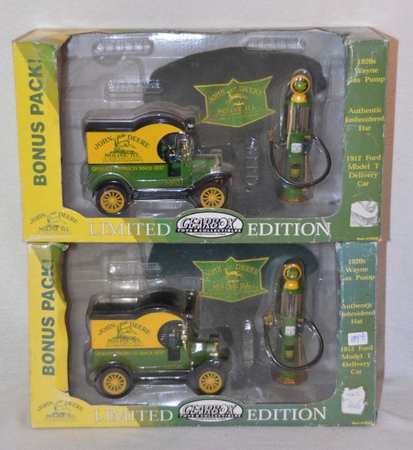 Two John Deere Limited Ed. Gear Box Toy: 1920's Wayne Gas Pump; 1912 Ford Model T Delivery Car and an authentic embroidered Hat. Limited Edition. Bonus Pack. Boxes arevery as-is. 13-1/2" long.