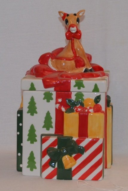 Lenox Christmas Package Cookie Jar: Lenox Christmas package cookie jar with Rudolph the Red Nosed Reindeer at the top.