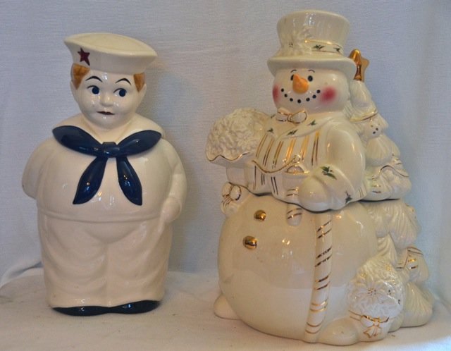 Two Cookie Jars: A sailor; together with a large white snow... 7" x 11-1/2"; 10-1/2" x 13-1/2"