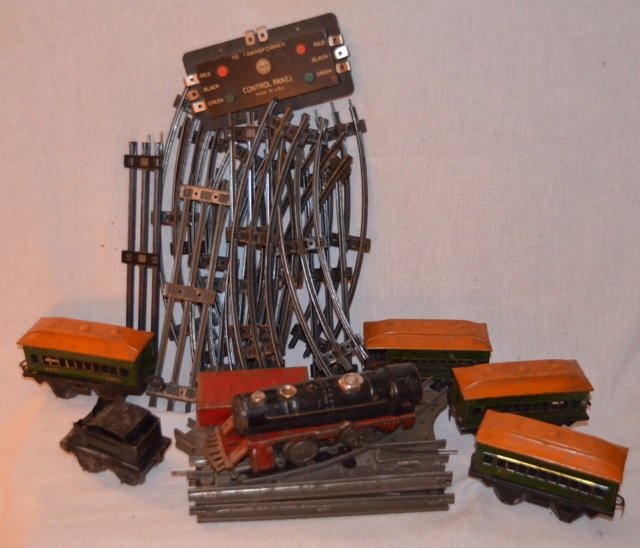 Mar Trains - The Joy Line: Partial set of Mar toy trains - The Joy Line including the engine (in as-is condition); 4 green and orange observation coach cars number 357 (in played with condition); and a coal car. Also includind