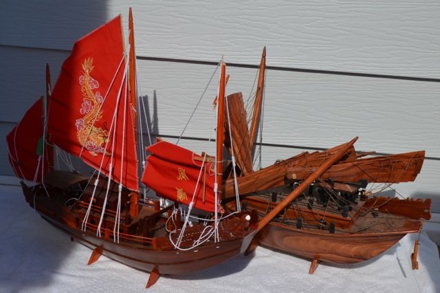 Chinese Wood Replica Sailboat: Red decorated sails. Together with a second boat with wooden sails. Both are in As-Is condition as shown in photos. 23" long each