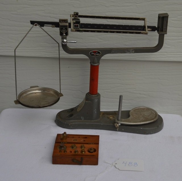 Ohaus Centogram Scales: Triple beam balance. Capacity 311 grams. 11-1/2" high