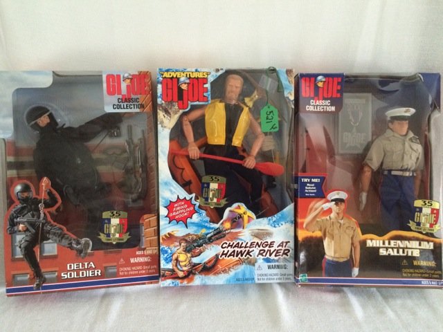 Three GI Joe 35th Anniversary Boxes Sets: GI Joe Classic Collection Delta Soldier; GI Joe Adventures Challenge at Hawk River; GI Joe Classic Collection Millenium Salute. Original boxes.