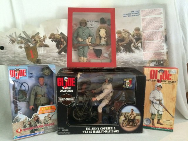GI Joe WWII Action Figures: GI Joe Classic Collection 35th Anniversary US Army Courier & WLA 45 Harley-Davidson; Navajo Code Talker; Battle of the Bulge Soldier; and a Classic Collection D-Day Salute (African American Solidier).