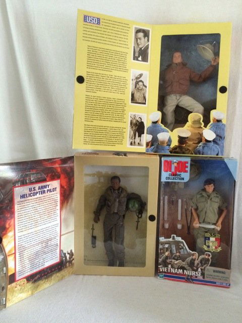 Three GI Joe Classic Collection Figures: Limited Edition, 1997. Jane US Army Helicopter Pilot (African American); Hollywood Heroes, Bob Hope; 35th Anniversary Series Vietnam Nurse. All original boxes.