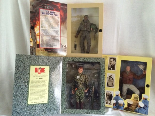 Three GI Joe Boxed Action Figures: Timeless Collection US Marine Heavy Weapons Series, Kaybee Toys; Limited Edition, 1997. Jane US Army Helicopter Pilot (African American); Hollywood Heroes, Bob Hope. Original boxes.