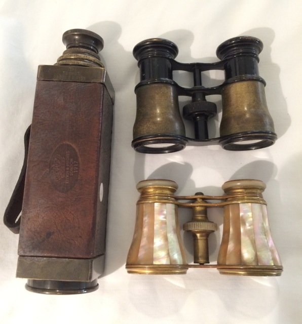 Antique Brass Telescope & Opera Glasses: Kelvin and Hughes, London 1917 leather covered telescope together with a pair of brass & abalone opera glasses marked Clairmont & Co., New York and Lemaire, Paris. Monogrammed EML; the second pair are