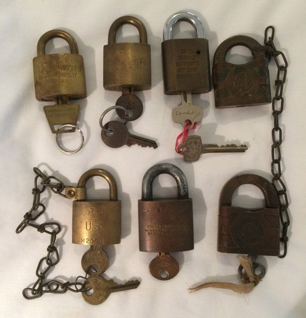 Seven Vintage Brass Locks & Keys: American Lock Company, USA; Best Sales Service Anthony's Key Shop, Rahway, NY; US Corbin Cabinet Lock, New Britain, Conn, USA. Pat. No. 1,849,775; American USA, Set US, M200B; Yale Made In USA, Yale a