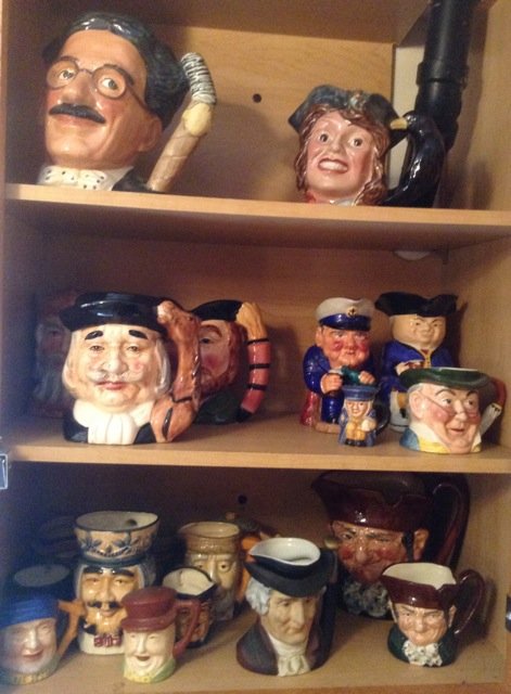 Dealers Lot of Toby Mugs: 21d Toby mugs including 2 Royal Doulton - Old Charley; a Lefton; made in Japan; marked with a blue crown; Groucho Marx.