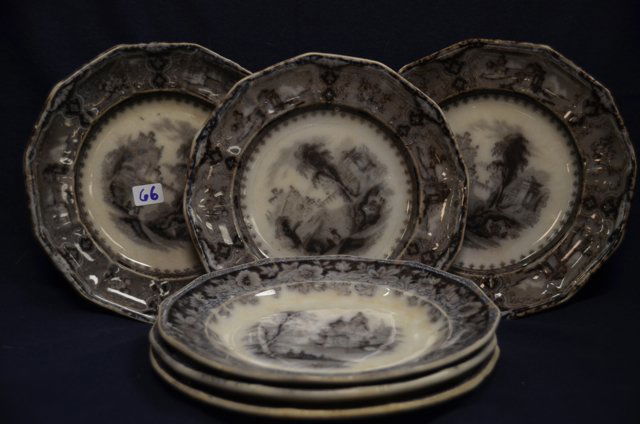 Six English Mulberry Plates: Marked John Alcock, Vincennes, Cobridge (one plate has a chip on the underside as shown in photo). The othe marked Ironstone, Leipsic, J. Clementson. 7" diameter