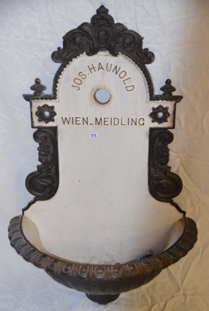 Lead and Enamel Wall Mounted Sink: Jos. Haunold, Wien_Meidling. Brass spigot. 29" high x 19" wide