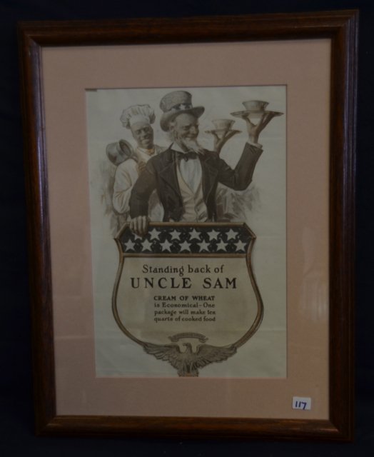 Cream of Wheat Advertising Print: Standing back of Uncle Sam. Cream of Wheat is Economical - One package will make ten quarts of cooked food. Depicts Uncle Sam and the Cream of Wheat Chef. 17" x 13" wide - Framed.