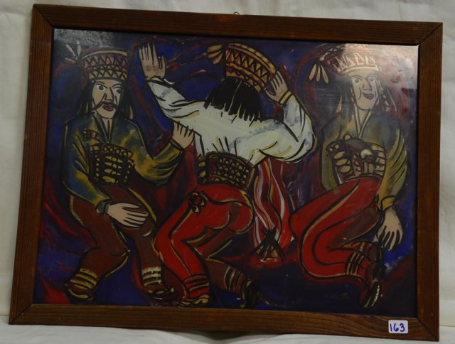 Reverse Painting on Glass Sgd Mazur: Signed K. Mazur. Three men dancing in costume. 13" x 17" framed