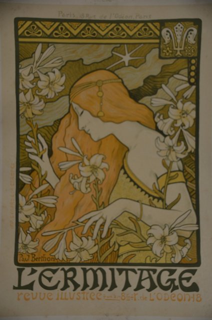 Les Maitres de l'Affiche PL. 227 Lithograph: Original lithograph. "L'Ermitage revue illustree..." Maiden with daylilies by artist Paul Berthon. Imprimerie Chaix (Encres Lorilleux & Cie) With impressed paper mark in the bottom right corner. A one
