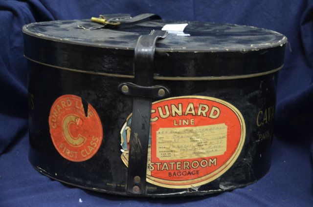 Cavanagh Fedora with Original Box: Gentleman's Fedora Leather and suede. 7-1/4" size. Cavanagh Park Avenue New York. in excellent condition. In original box, with stickers for 1956 Cunnard Line Carinthia First Class. Strap on box as-is