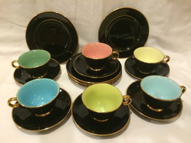 Vintage Stavangerflint Norway Dessert Service: Harlequin Black and Gold with different colored interiors for each coffee / tea cup (robin's egg blue, ivory, lime green, rose, light blue and seafoam geen). Black saucers with gold rims (one saucer h