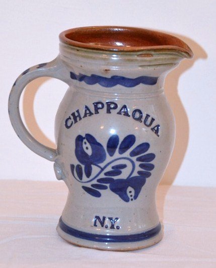 Chappaqua, NY Glazed Water Pitcher: Grey glazed field with blue decorations and reading Chappaqua, N.Y. Signed at base "Harvey, 10/97" 7" high