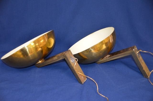 Pair of Decorator Brass Wall Sconces: Electrified decorator brass wall sconces. Some brass pitting. 10-1/4" diameter x 10-1/2" high