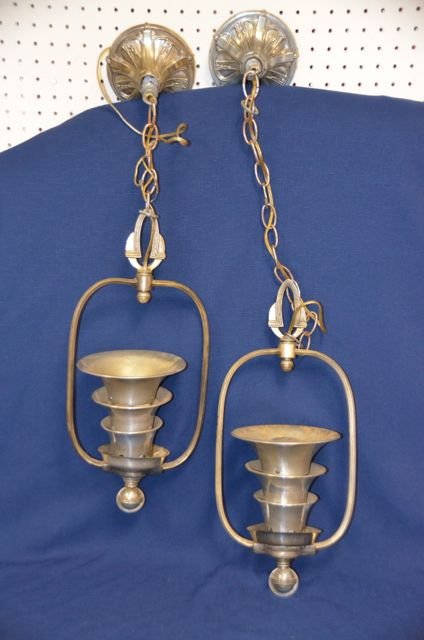 Pair Cast Silvered Art Deco Ceiling Fixtures: Pair cast metal and aluminum silvered Art Deco hanging ceiling fixtures. 6-1/2" diameter x 19" high