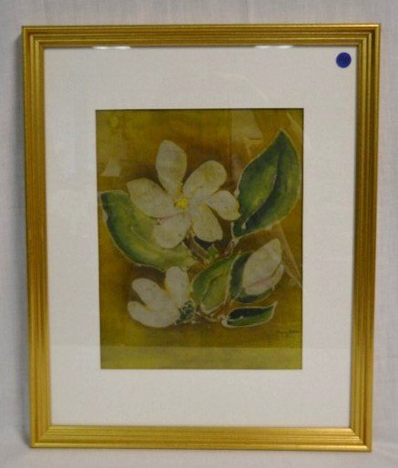 Watercolor on Paper Signed Nancy Waller: Magnolia flowers and leaves. 13-1/2" x 10-1/2"