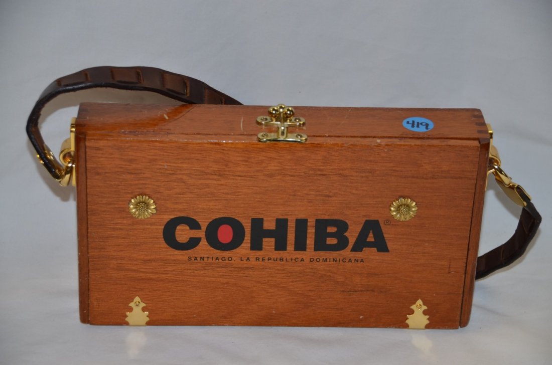 Cohiba Cigar Box Purse: Cigar box refurbished and decorated into an interesting handbag. Made by Elaine's of Sarasota, Florida. 5-1/2" high x 9-1/2" long