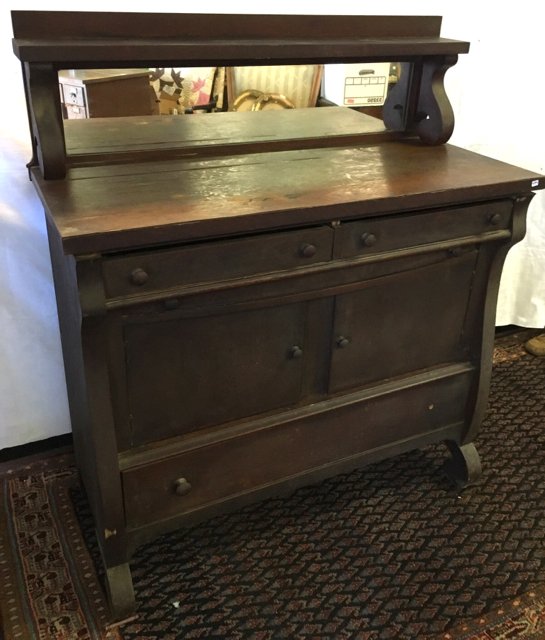Vintage Oak Empire Style Mirrored Buffet: Three drawer, two door. Oak laminate. In as is condition as shown in photos. 44" wide x 19" deep x 51" high