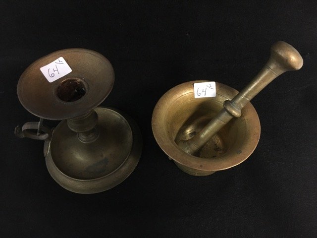 English Brass Candlestick and a Mortar & Pestle (1 of 3)