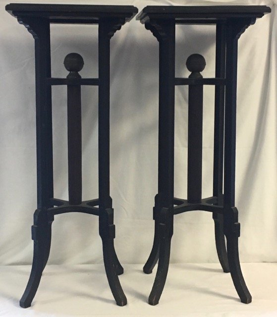 Pair Arts and Crafts Painted Fern Stands: Black painted with a central wood shaft with a brass ball termination at top. 14" x 14" x 34" high
