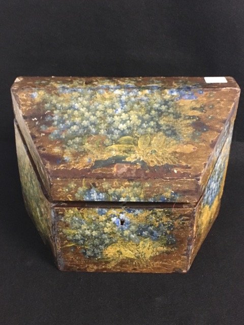 French Letter Box: Flip lid wooden letter box or file. Handpainted floral exterior with red interior. Original paper label at the base. 9-1/2" long x 5-1/2" deep x 6-1/2" high