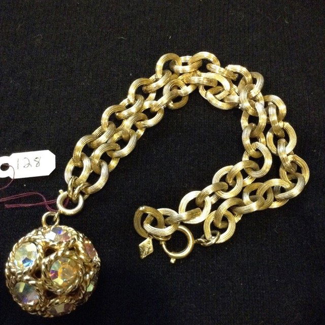 1960's Chunky Necklace with Rhinestone Ball: Marked Sarah Cov. Aurora Borealis crystals. 9-1/4" long