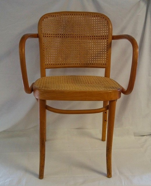 Thonet Rattan and Caned Open Arm Chair: Marked Thonet at the underside.