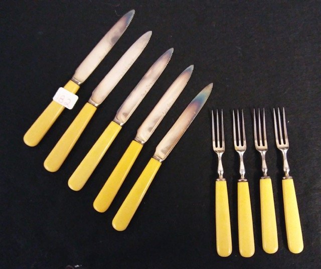 Mappin & Webb Fruit Knives & Forks: Five knives and four forks in the set. 7-1/4" long; 5-3/4" long