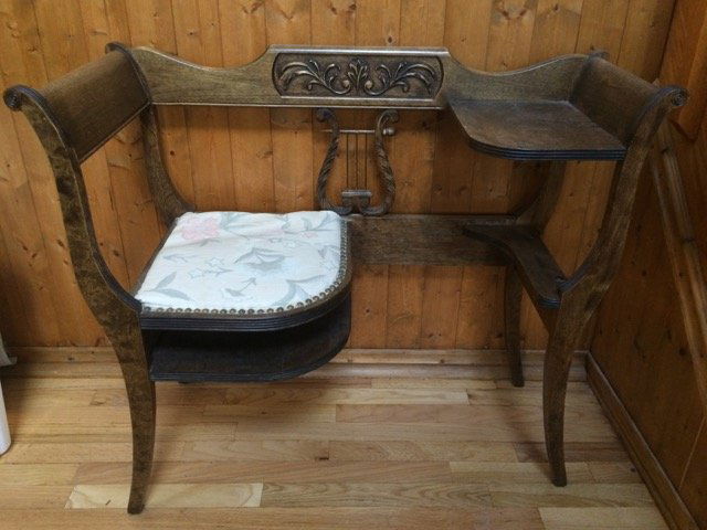 Duncan Phyfe Style Telephone Table: Harp / lyre back with upholstered seat, table for telephone and storage for phone books.