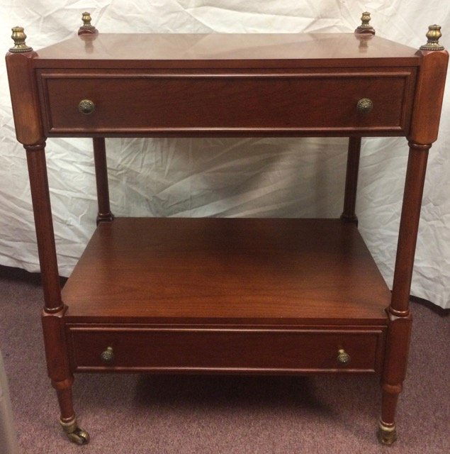 Wooden Serving Cart on Casters: Brass details. One drawer.